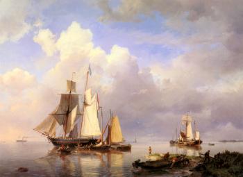 Johannes Hermanus Koekkoek : Vessels At Anchor In Estuary With Fisherman